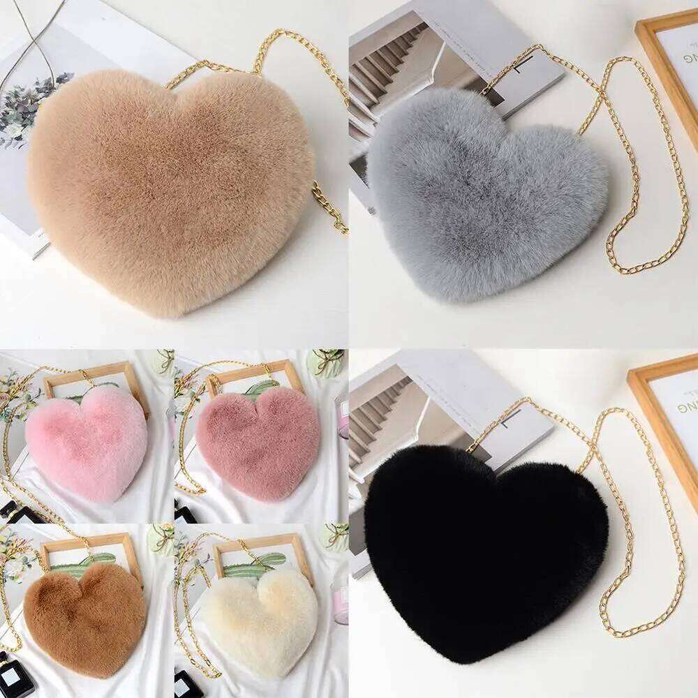 Heart Shaped Faux Fur for Women Girls Fluffy Shoulder Bag with Gold Chain Cute Soft Fuzzy Crossbody Purse Valentine's Day