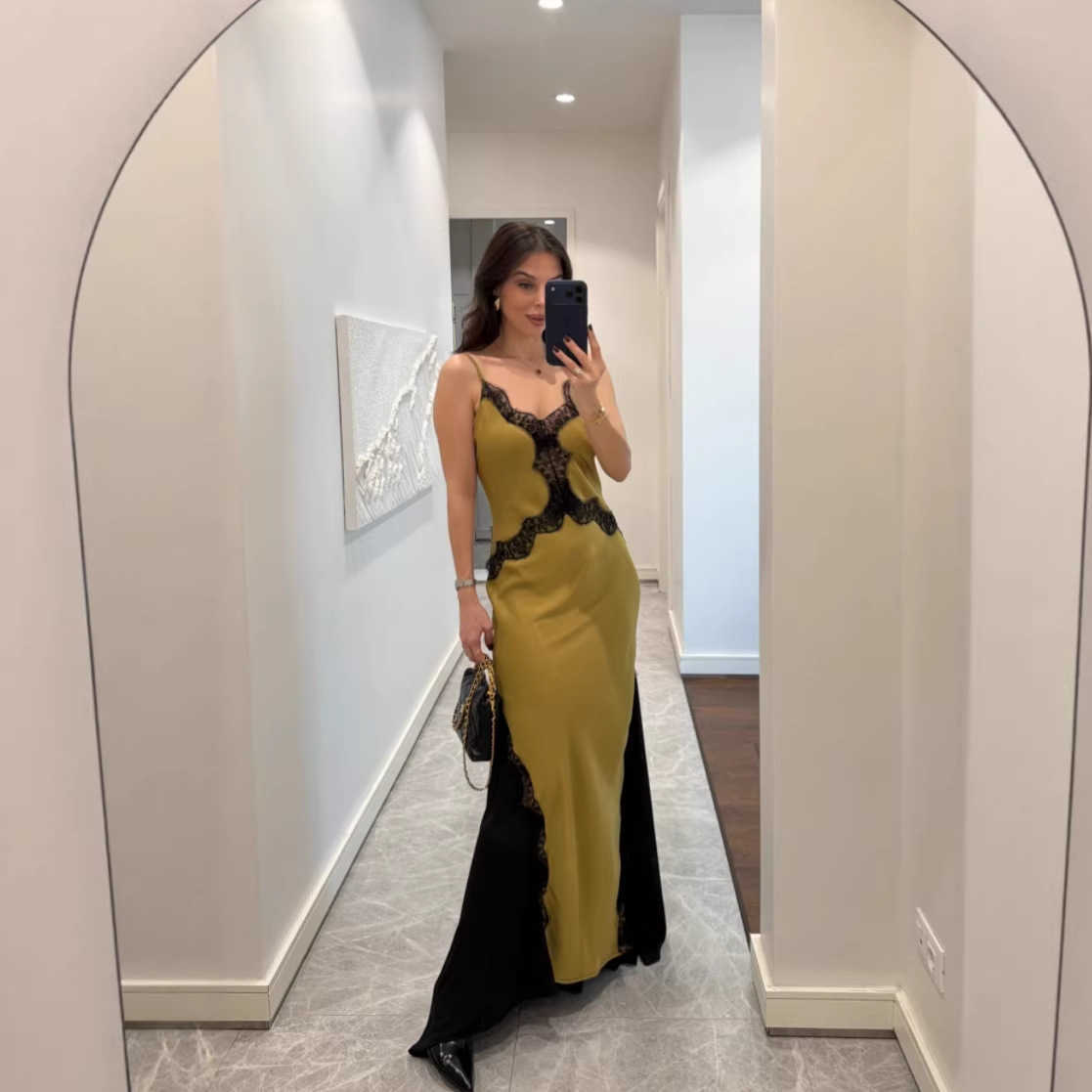 Women's Fashion Sexy Spaghetti Strap Dress Spring/Summer Women's Designer Lace-Up Cutout Waist-Defining Long Dress