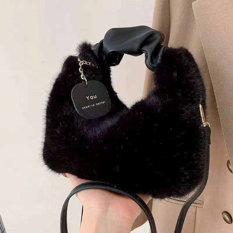 Faux Fur Plush Handbags Ruched Handle Small Lady Shoulder Crossbody Bag Casual Half-Moon Hobos Winter Bags for Women