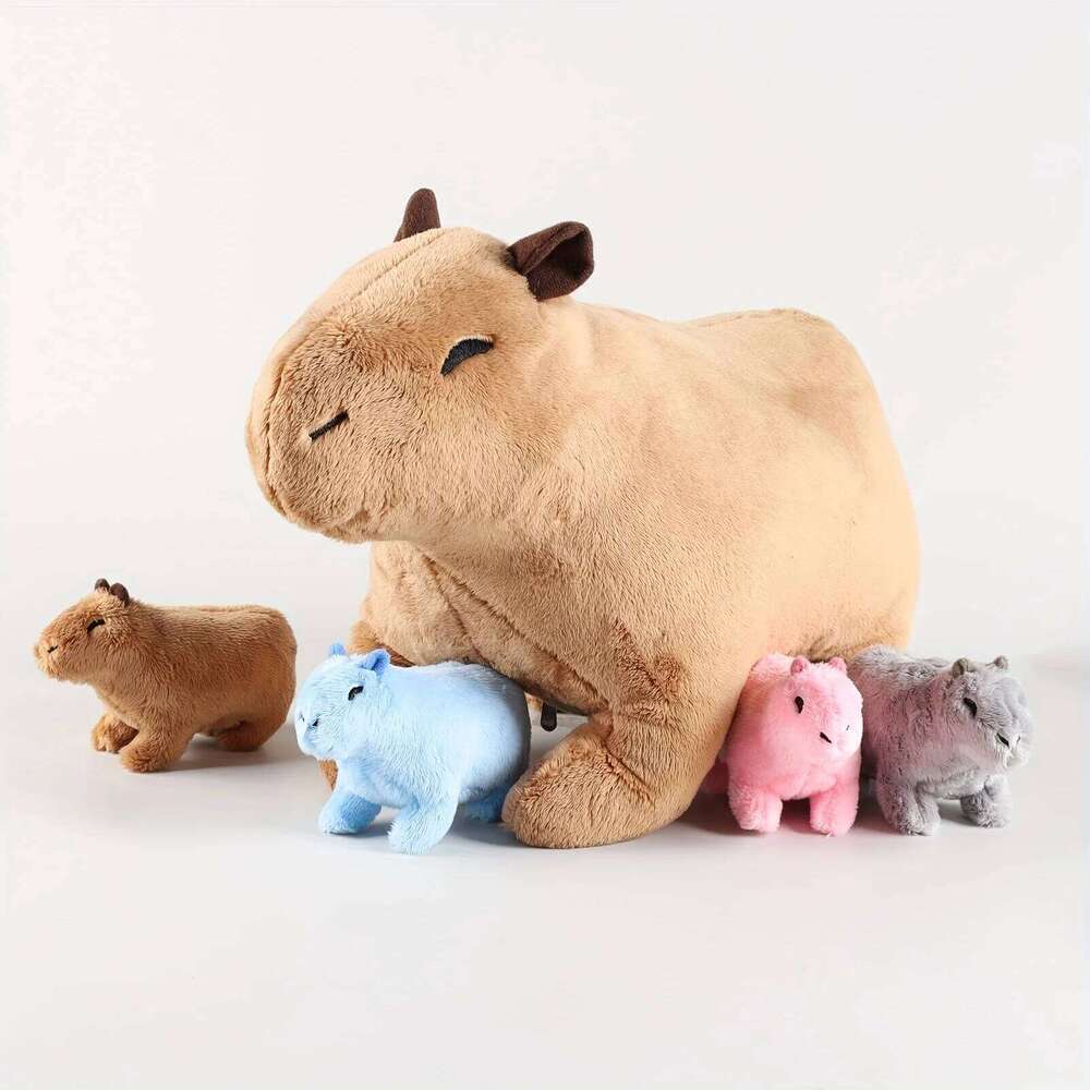 Kawaii Simulation Animal-13.38'' Mommy Capybara with 4 Baby Stuffed Animals Inside Zipper Tummy Y260128