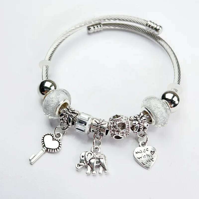 Adjustable Silver Color Alloy Elephant Heart Pendant Artificial Zircon Bangle Round Bead Bracelet Cuff for Women Elegant Wedding H260129