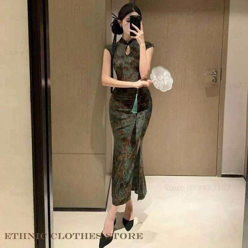 Qipao Vintage Green Floral Bodycon Cheongsam Sexy Improved Chinese Female Vestidos Evening Party Dress DREAM RECALL
