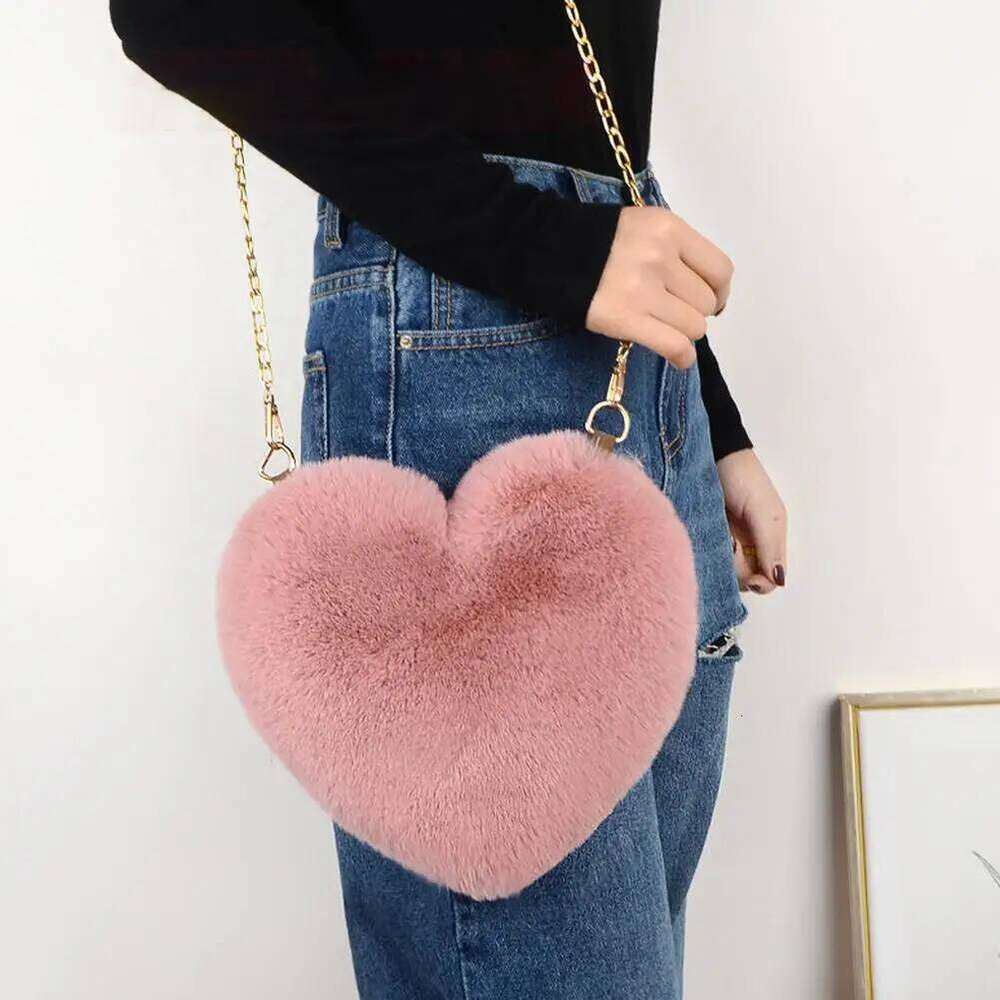 Heart Shaped Faux Fur for Women Girls Fluffy Shoulder Bag with Gold Chain Cute Soft Fuzzy Crossbody Purse Valentine's Day