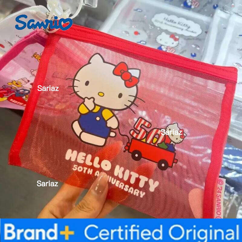 Sanrio Hello Kitty Mesh Cosmetic Kawaii Waterproof Clutch Bag Cartoon Printed Makeup Organizer Large Capacity Toiletry bag H260129