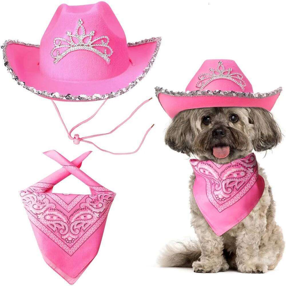 Pet Cowboy Accessory Set Dog Size Pink Cowgirl Princess Hat for Cat Puppy Western Costume Daily Wearing 26H0129