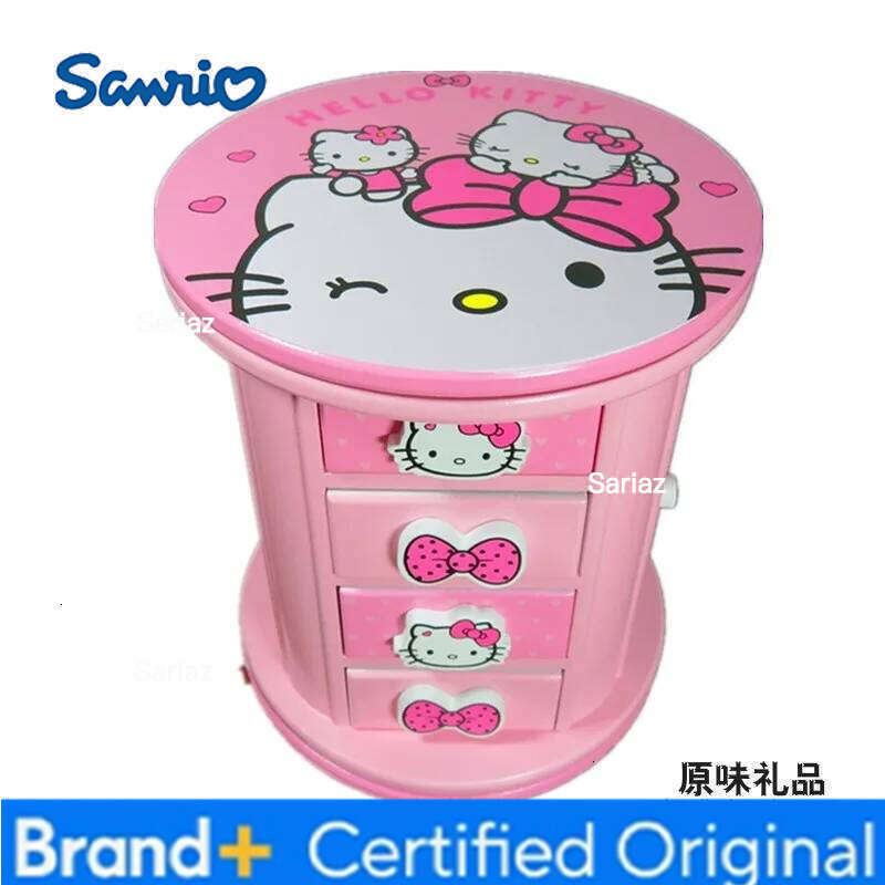 Sanrio Kawaii Hello Kitty Cartoon Pink Storage Children Jewelry Music Cosmetic Box Wooden Bedside Cupboard Gift H260129