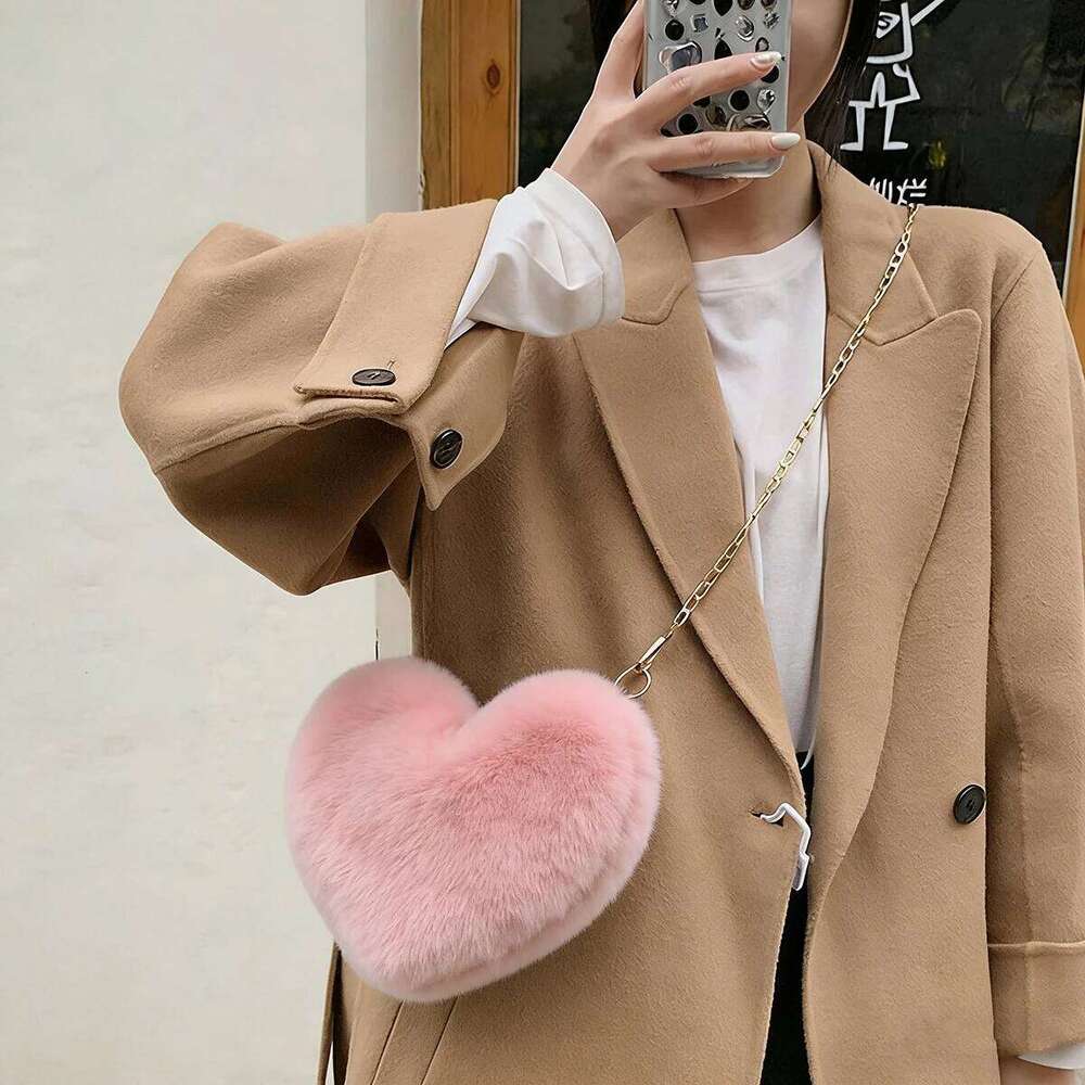 Heart Shaped Faux Fur for Women Girls Fluffy Shoulder Bag with Gold Chain Cute Soft Fuzzy Crossbody Purse Valentine's Day