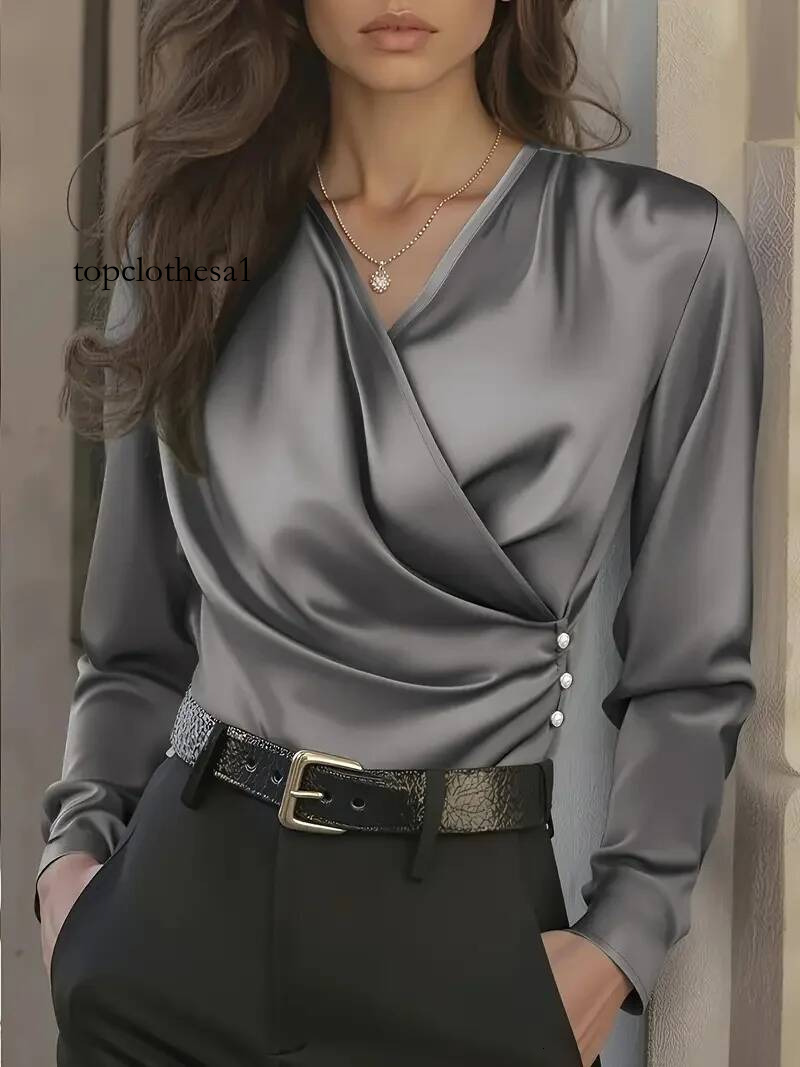 Women's Elegant Satin Wrap Blouse - Long Sleeve V-Neck Button Detail Top for Office & Casual Wear