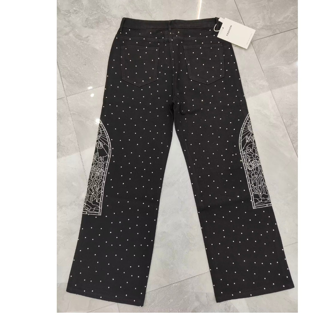 Luxury Brand Designer Clothes Exclusive American High Street Trendy Brand New Straight Loose Black Diamond Multi-Pocket Hot Diamond Full Diamond Black