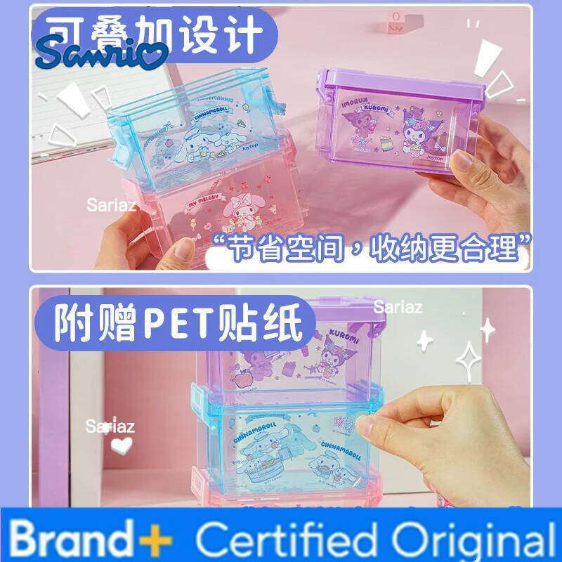 Sanrio Kawaii Cinnamoroll Three Layers Storage Kuromi My Melody Desktop Cosmetic Jewelry Snack Folding Plastic Box Girls H260129