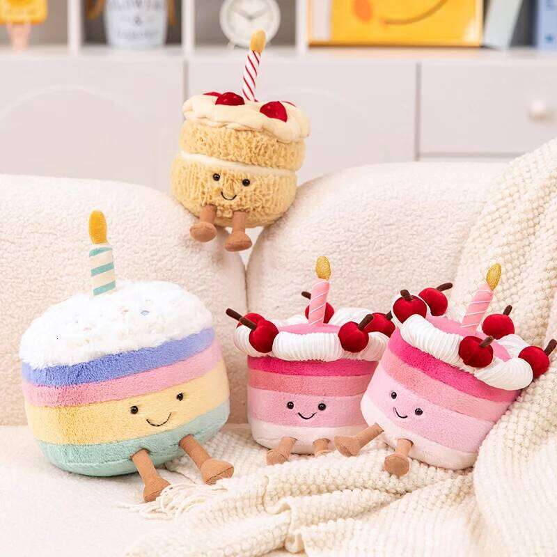 Kawaii Smile Cake Plush Toys Soft Stuffed Dessert Dolls with Candle Cherry Birthday Xmas Gift For Kids Cuddly Home Party Decor Y260128