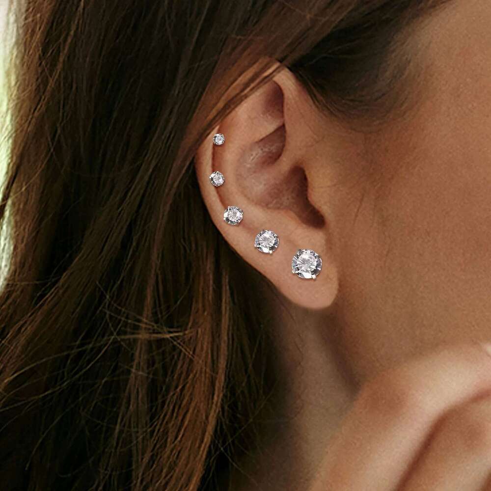 1 Pair 316L Stainless Steel Silvery Zircon Decor Ear Bone Piercing Stud Earrings With Flat Back Nap 2/3/4/5/6/7/8mm 26W0129