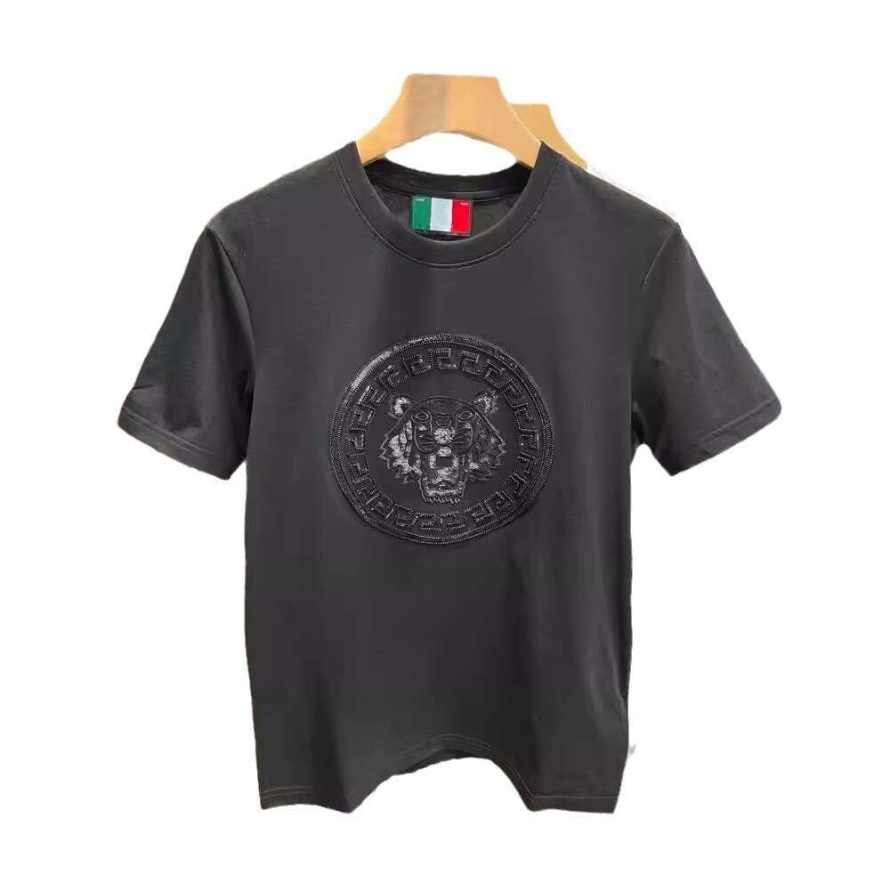 Summer New Men's Youth Embroidered Tiger Head Sequin Short T-Shirt Round Neck Trendy Slim Fit Half Sleeve