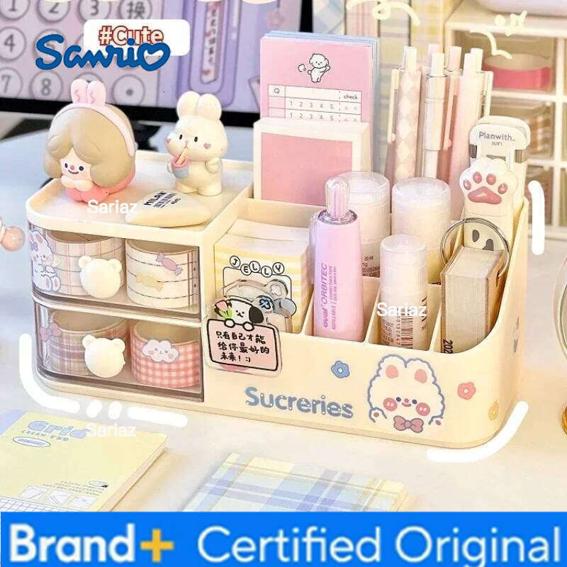 Sanrio Desktop Storage Box Cute Bear Handle Drawer Type Desk Organizer Multi-grid Pen Holder with Kawaii Stickers H260129 H260129