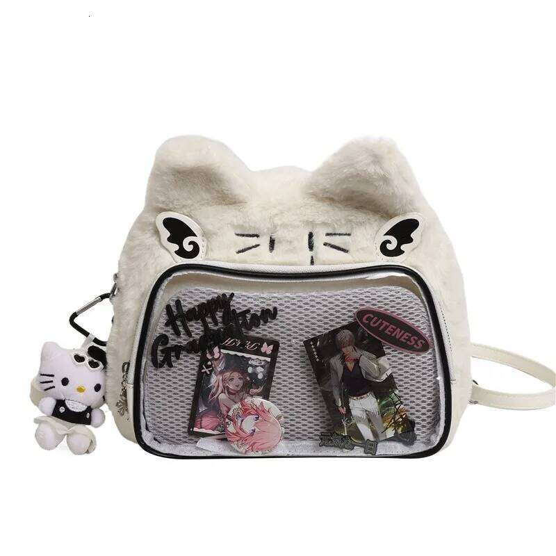 Cross-border plush double shoulder messenger bag student party soft cute cat small food allowance suede pain b