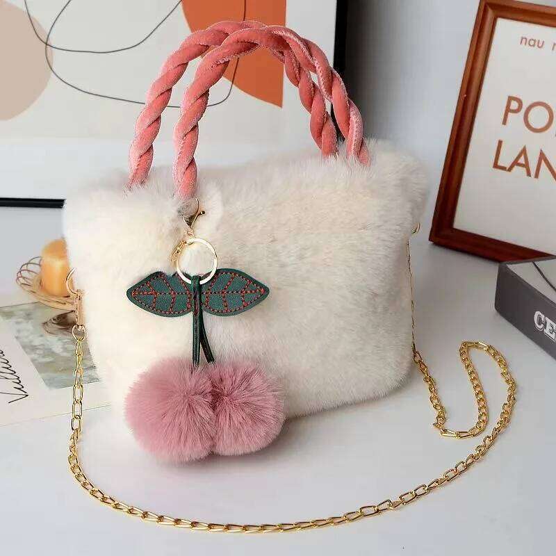 New Women Handbags Winter Furry Ladies Soft Plush Clutch Purse Shoulder Bags Fashion Female Cherry Pendant Messenger Bag XJ260129
