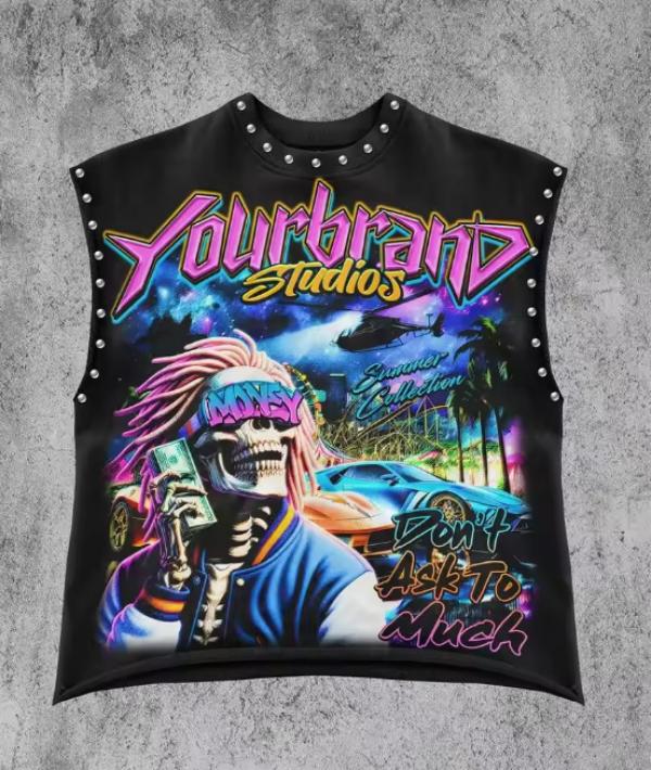 Y2K popular round neck vest retro punk hip-hop loose print Pure top classic loose sleeveless T-shirt