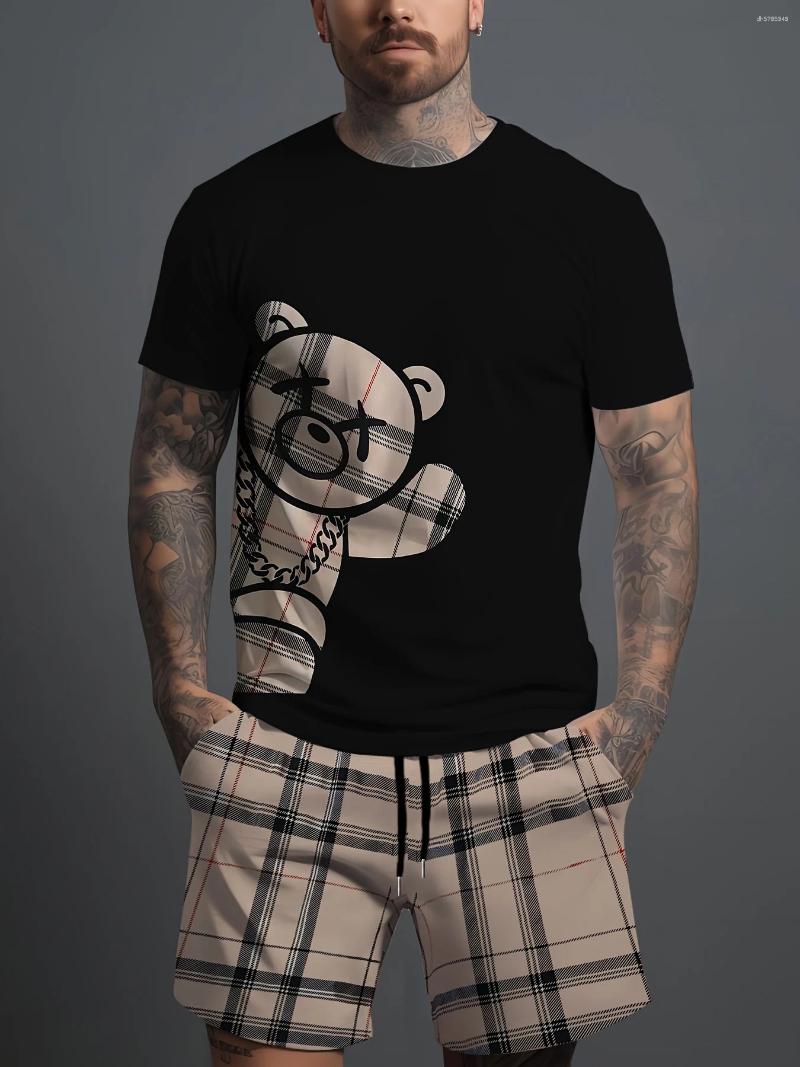 Men's Tracksuits 2026 Summer Casual Short-Sleeve Fashionable Breathable Sports Set Loose-Fit Quick-Dry Hip-Hop Bear Print