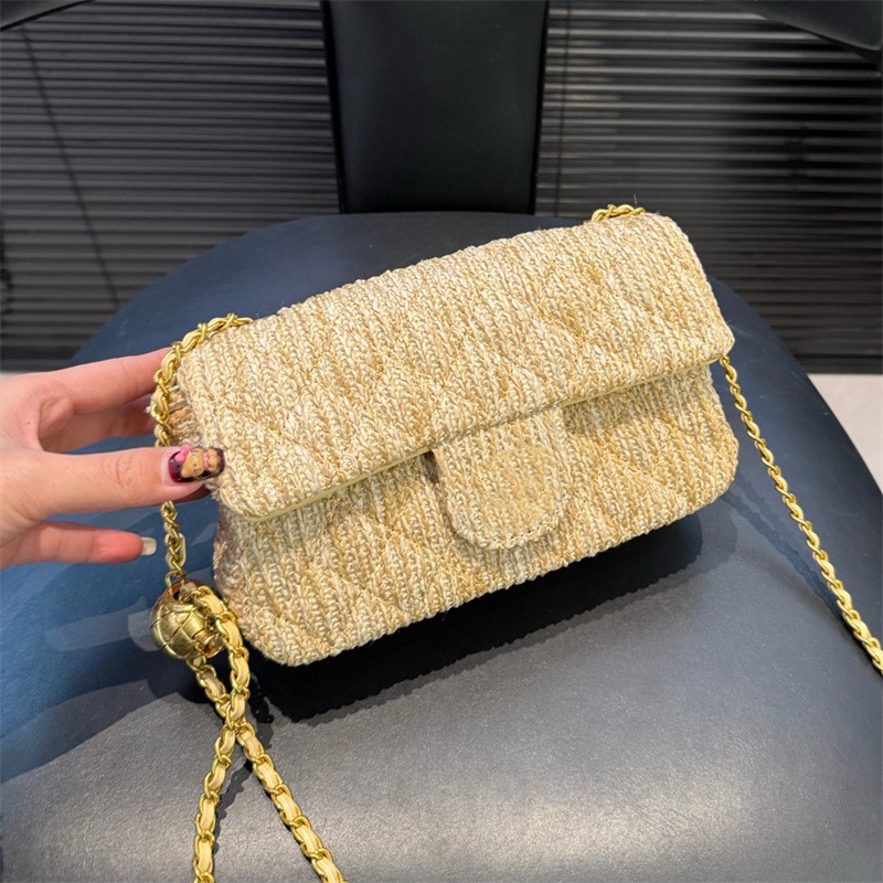 2026 Woman Mini Straw Bag Designer Chain Bag Crossbody Shoulder Bags Cross Body Diamond Purses Gold Ball 10A