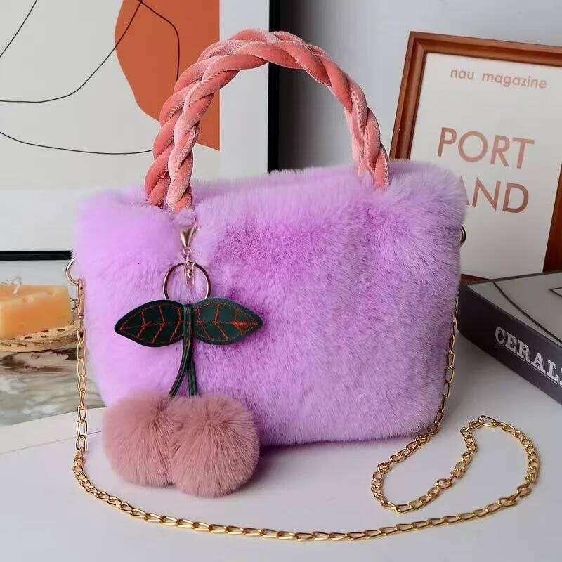 New Women Handbags Winter Furry Ladies Soft Plush Clutch Purse Shoulder Bags Fashion Female Cherry Pendant Messenger Bag XJ260129