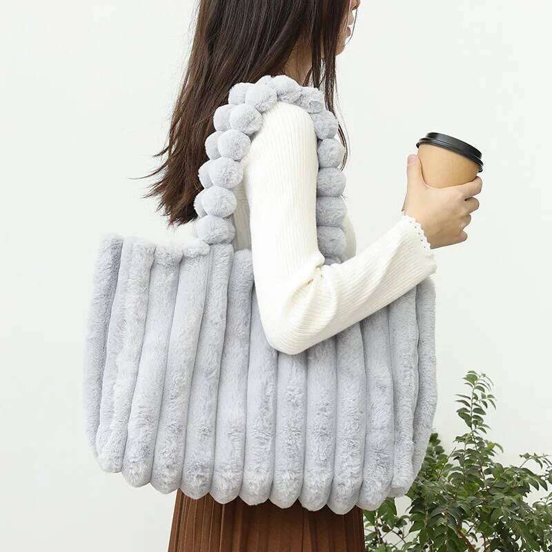 Large Capacity Plush Tote Stiped Faux Fur Shoulder Bag, Women's Soft Fluffy Handbag