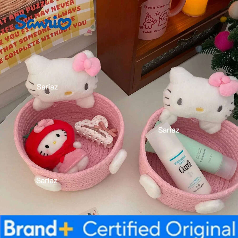 Sanrio Cute Hello Kitty 50th Anniversary Cosmetics Box Accessories Handmade Cotton Rope Weaving Storage Basket Desktop Girl Gift H260129