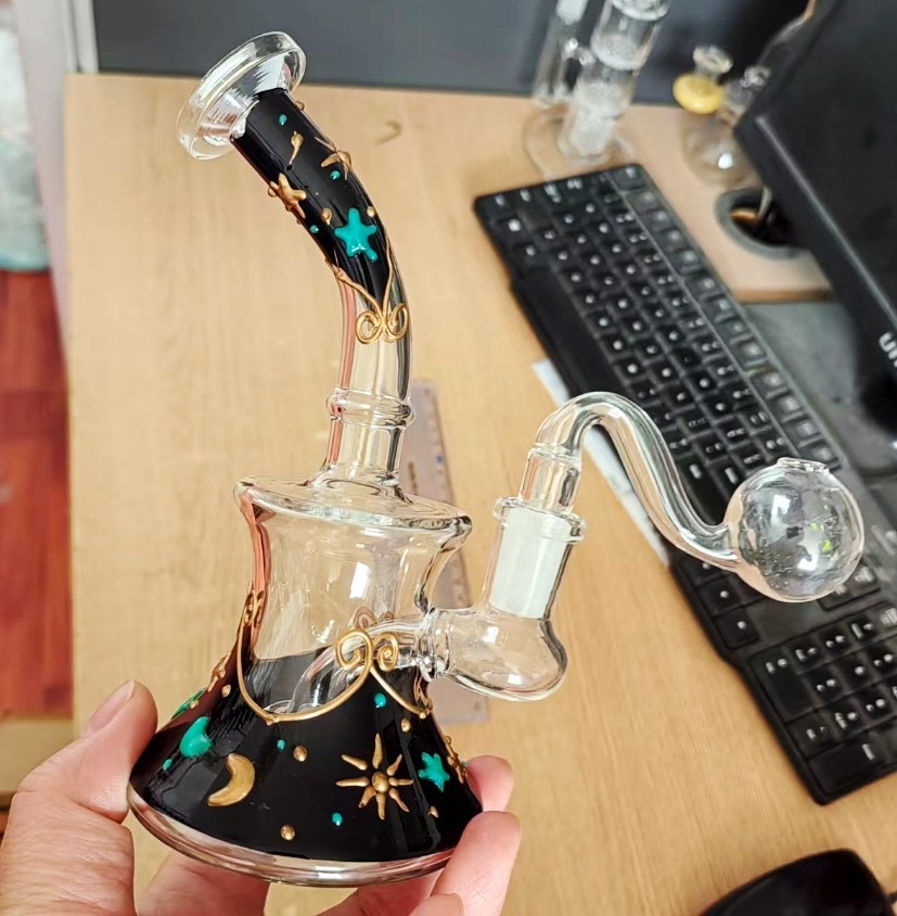 Artist 6" Glass Bongs Shower Perc Hookah Bubbler White Green Black Mushroom Design Glass Tube Water Pipes with 14 mm