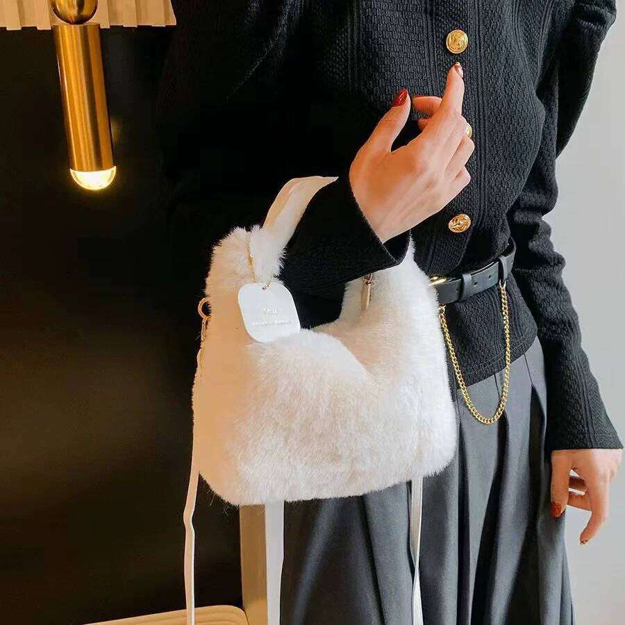 Faux Fur Plush Handbags Ruched Handle Small Lady Shoulder Crossbody Bag Casual Half-Moon Hobos Winter Bags for Women