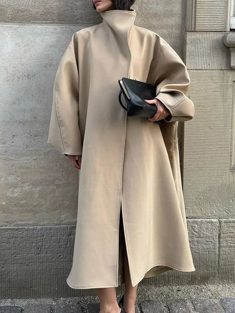 Women Solid Long Wool Blend Coat Fashion Stand Collar Full Sleeve Single-breasted Overcoat Autumn Lady High Street Outerwear 260120 - view 3