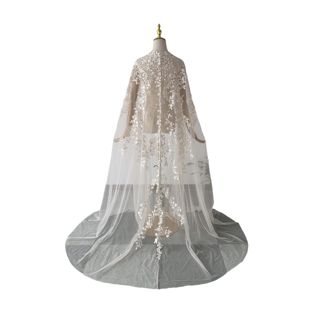 Elegant Wedding Cape Bridal Jacket Appliques Flower Warm Wraps White Ivory Long Shawl Bride Accessories Cape Plus Size Custom Made