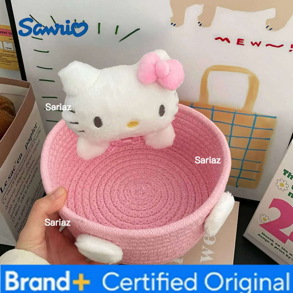 Sanrio Cute Hello Kitty 50th Anniversary Cosmetics Box Accessories Handwoven Cotton Rope Weaving Storage Basket Desktop Girl Gift H260129