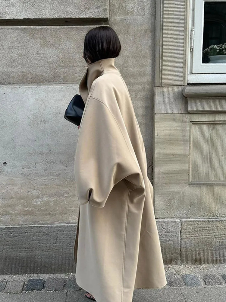 Women Solid Long Wool Blend Coat Fashion Stand Collar Full Sleeve Single-breasted Overcoat Autumn Lady High Street Outerwear 260120 - view 4