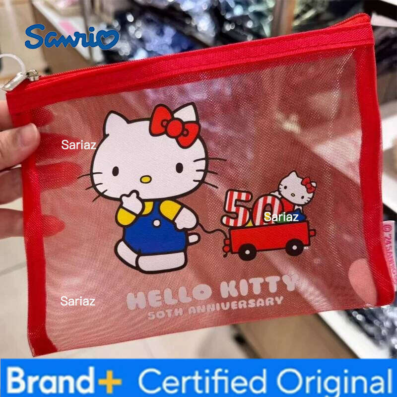 Sanrio Kawaii Charm Net Fabric Makeup Portable Cute Korean Japanese Aesthetic Hello Kitty Storage Bag Gift H260129