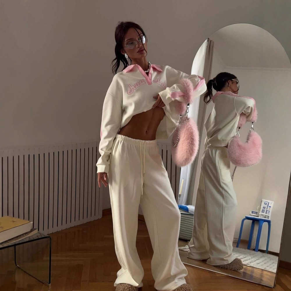 Fashion Design Color-Blocked Letter Print Half-Zip Hoodie Set Women's Light-Colored Oversized Pants Hoodie Two-Piece Set