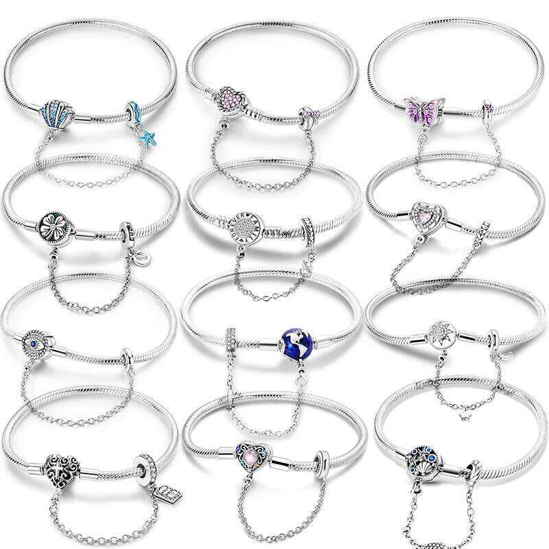 925 Sterling Silver Original 17-20CM Stars Shell Safety Chain Zircon Bracelet For Women's Charms DIY Beads Jewelry Gift H260129