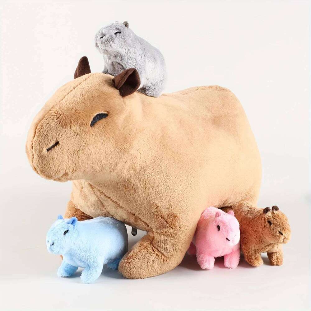 Kawaii Simulation Animal-13.38'' Mommy Capybara with 4 Baby Stuffed Animals Inside Zipper Tummy Y260128