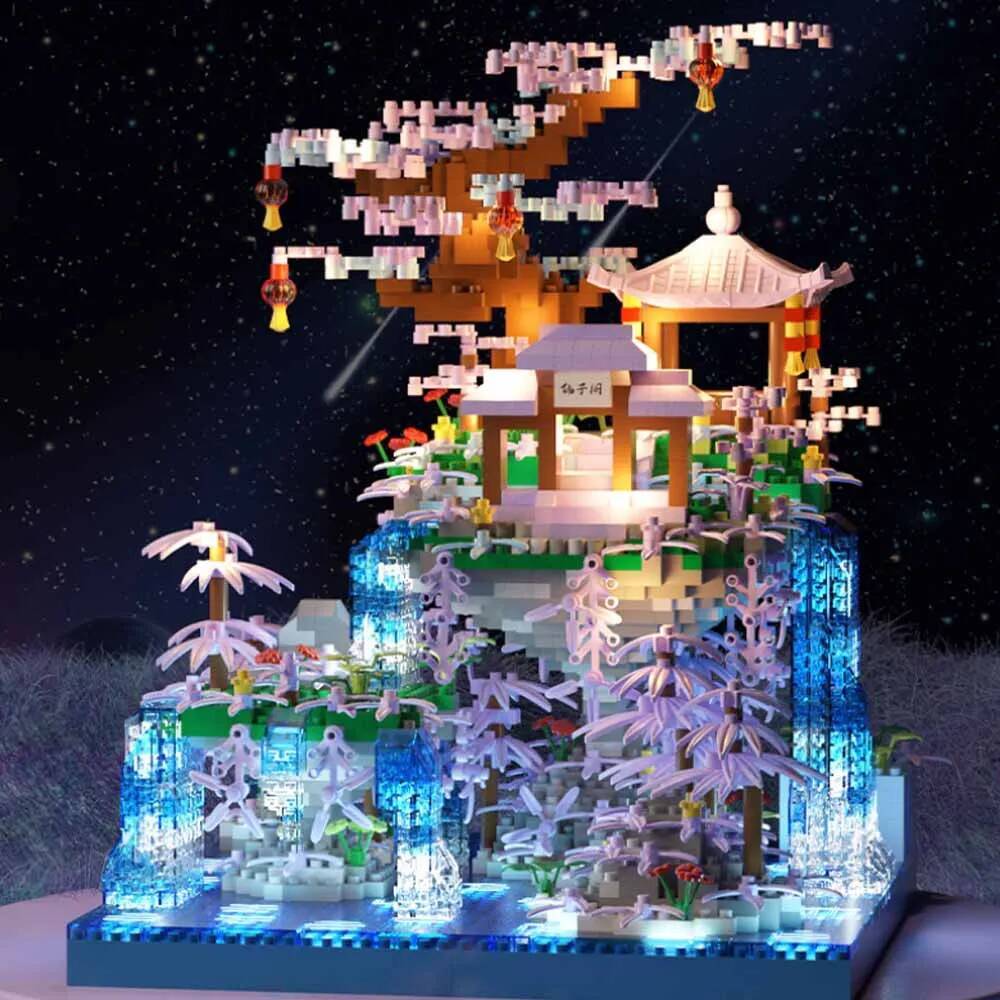 Forest Lakes Tree Castle House Building Blocks Set Waterfall With Light DIY Toys For Children Birthday Holiday Special Gifts