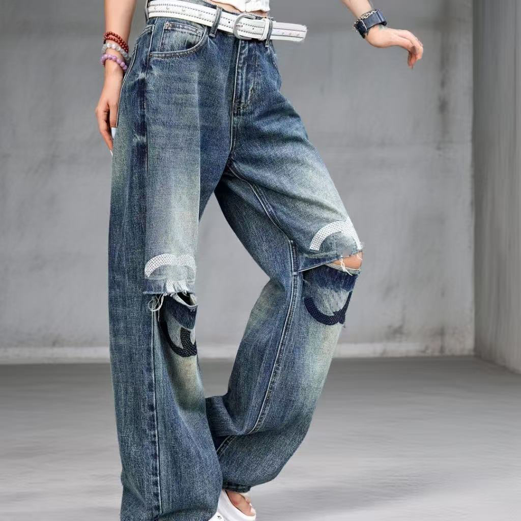 2026 New Designer embroidered washed high-waisted skinny skinny jeans for women S---2XL