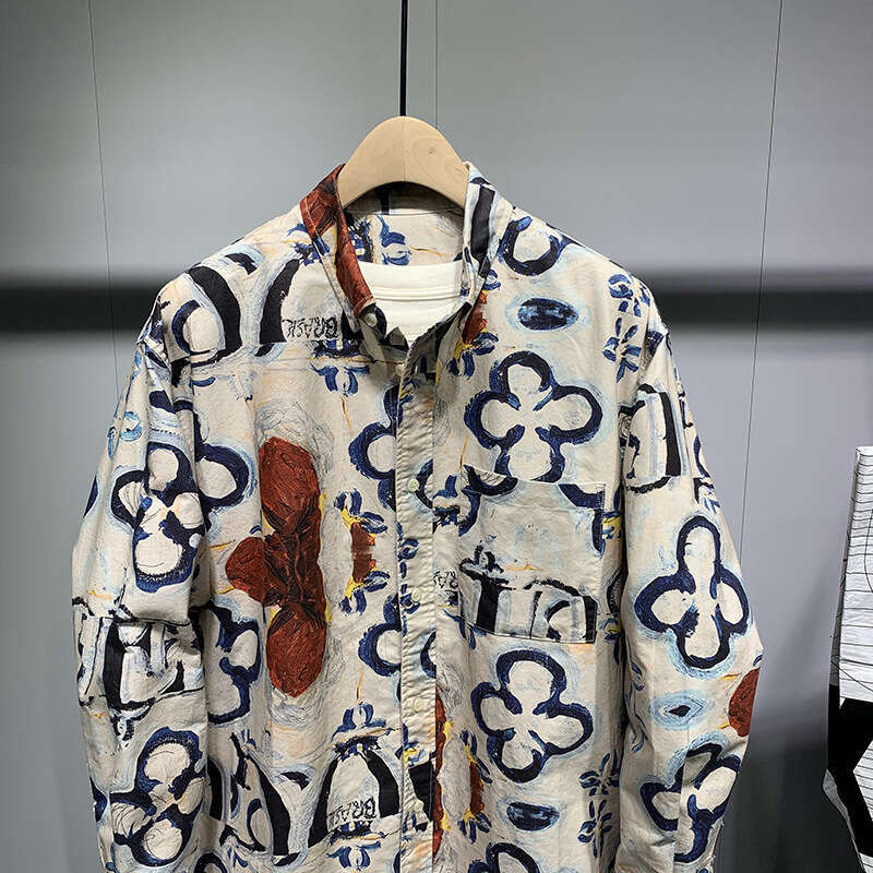 Men's Turn-Down Shirt Japanese Retro Full-Print Long-Sleeve for Autumn Version Loose Fashionable Personality