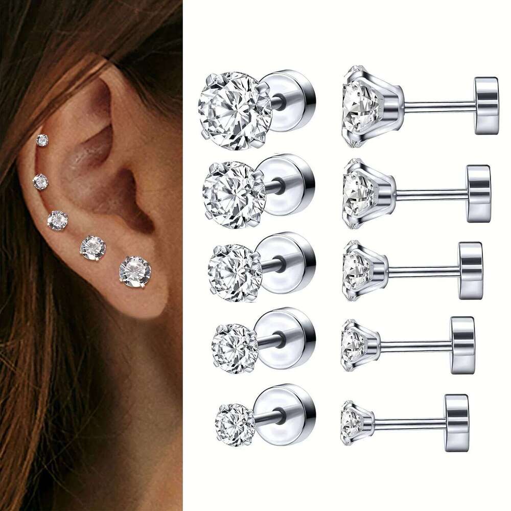 1 Pair 316L Stainless Steel Silvery Zircon Decor Ear Bone Piercing Stud Earrings With Flat Back Nap 2/3/4/5/6/7/8mm 26W0129