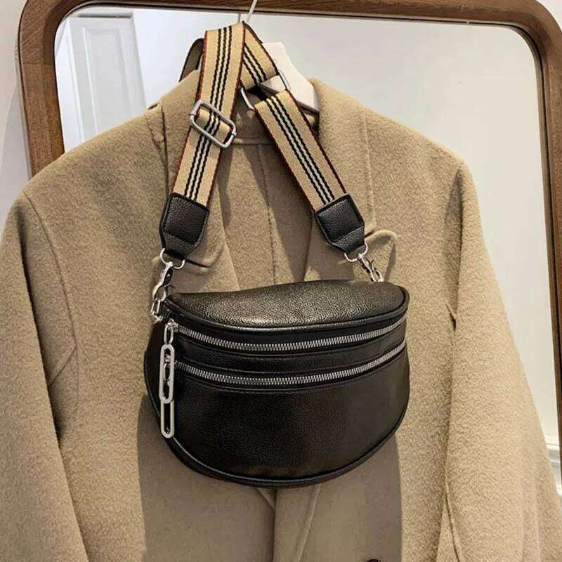 High Looks, Simple Fashion, Double Zipper Fanny Pack Daily Commuting with A Wide Strap Leather Shoulder Bag