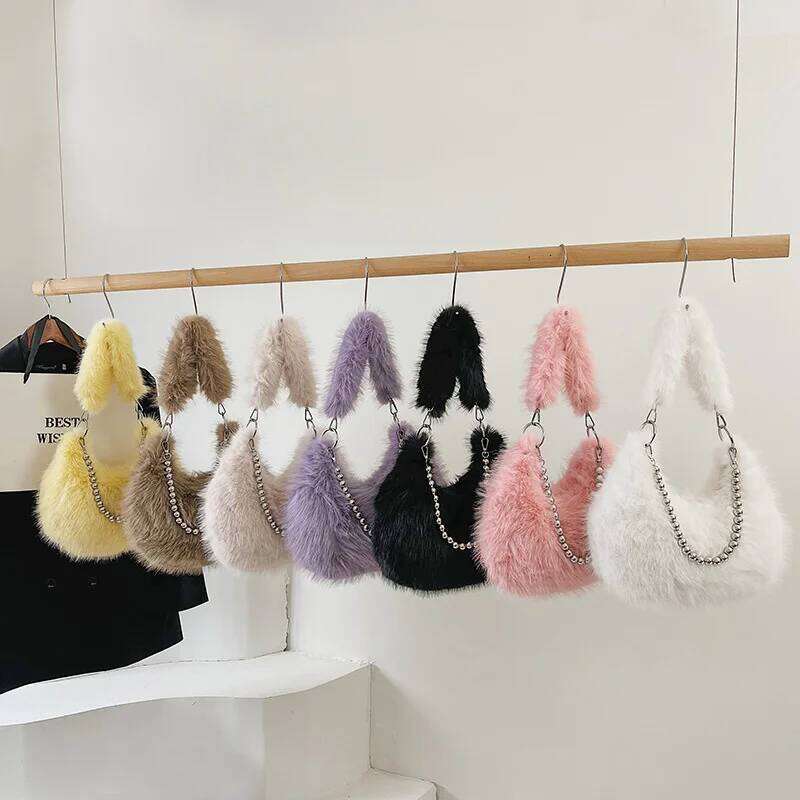Plush Women Armpit Purse Chain Fluffy Versatile Shoulder Faux Fur Fashion Underarm Ladies Winter Crossbody Hobo Bag