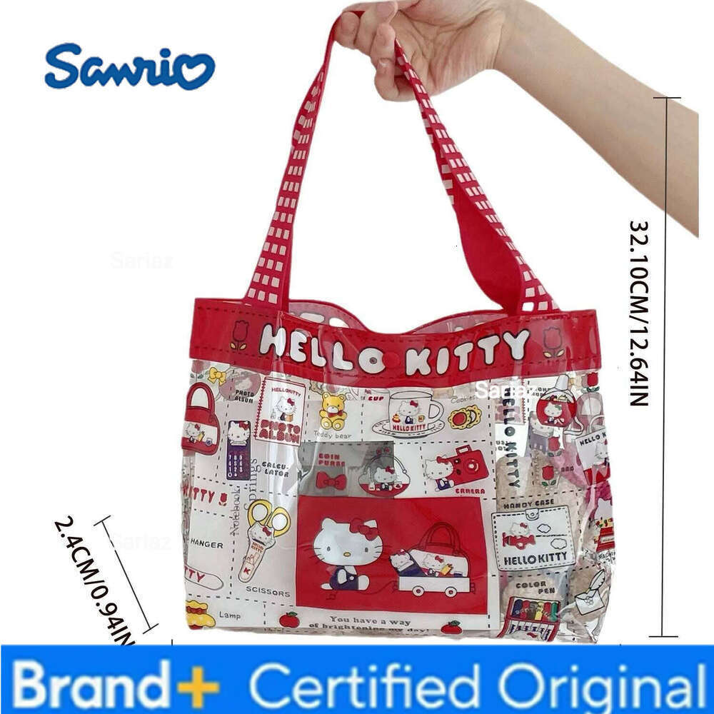 Sanrio Kawaii Cartoon Red Hello kitty Handbag Girl Cute PVC Transparent Large Capacity Portable Makeup Storage Bag H260129