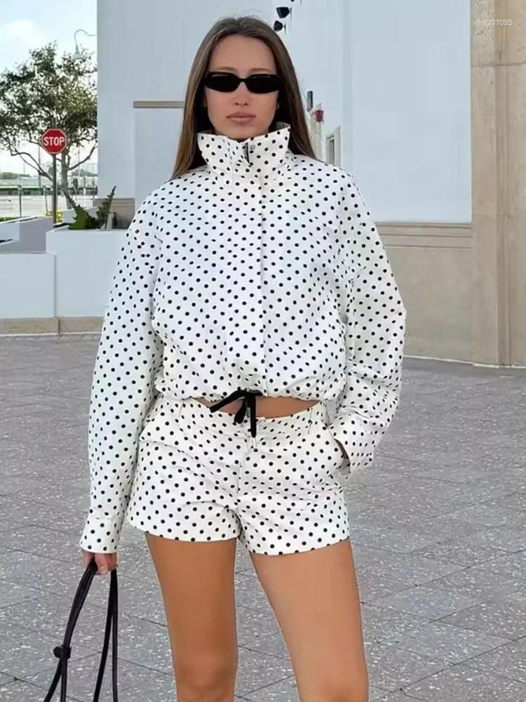 Women's Two Piece Pants Women Fashion Polka Dot Shorts Sets For 2026 Autumn Drawstring Bomber Jacket High Waist 2 Pieces Set Outfits