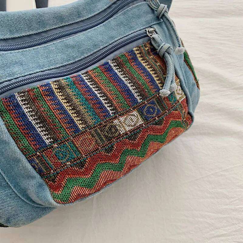 Ethnic Style Denim Tote Women 2025 Embroidery Handbag Large Capacity Crossbody Purse Boho Shoulder Bag for Ladies XJ260129