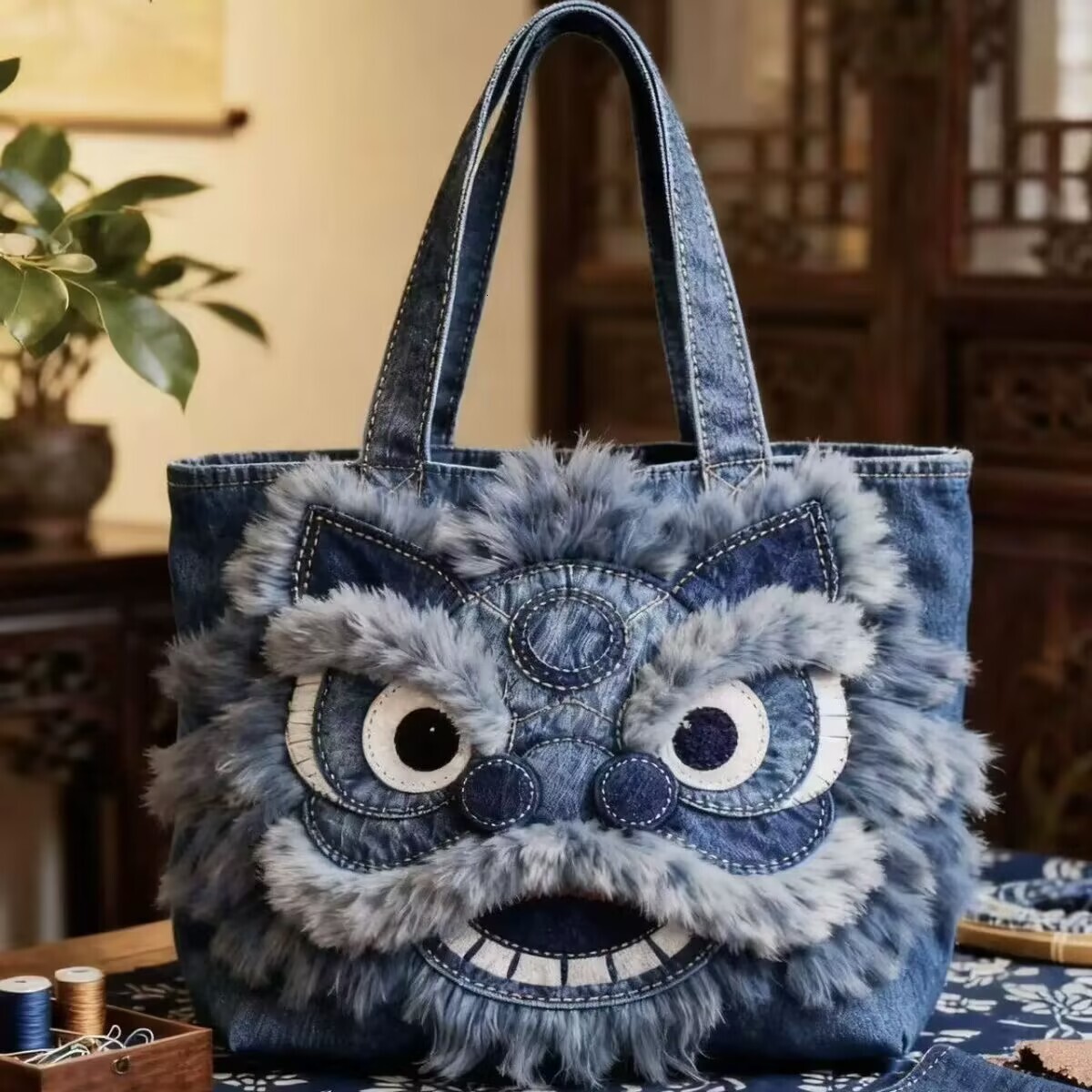 designer Women Bag New Autumn Winter Limited Edition Denim Lion Tote Bag High-Value National Style Niche Three-Dimensional High-End Large Capacity Cro