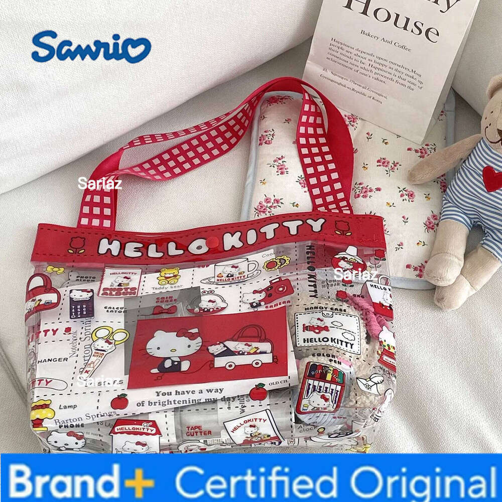 Sanrio Kawaii Cartoon Red Hello kitty Handbag Girl Cute PVC Transparent Large Capacity Portable Makeup Storage Bag H260129