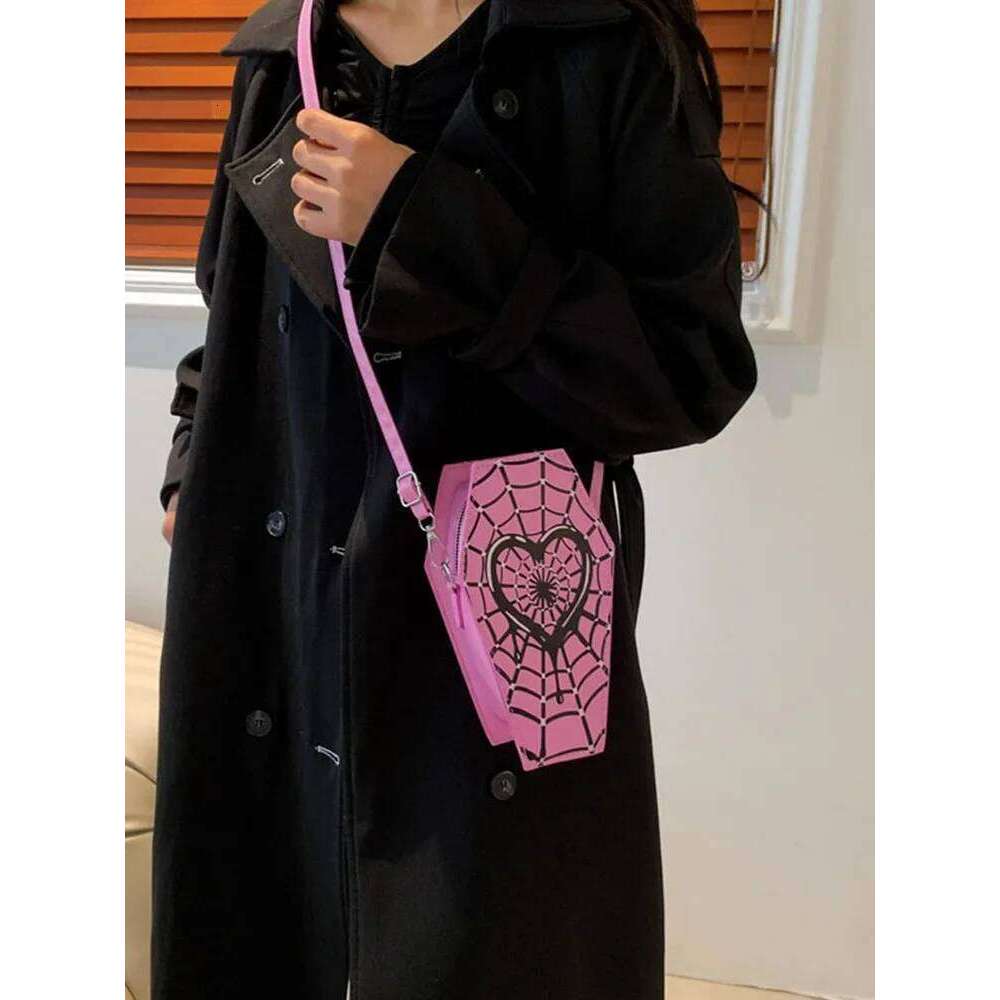 Women Fashion Shoulder Large Capacity Coffin Shaped Casual Satchel Adjustable Strap Spider Web PU Leather Chic Hobo Bag