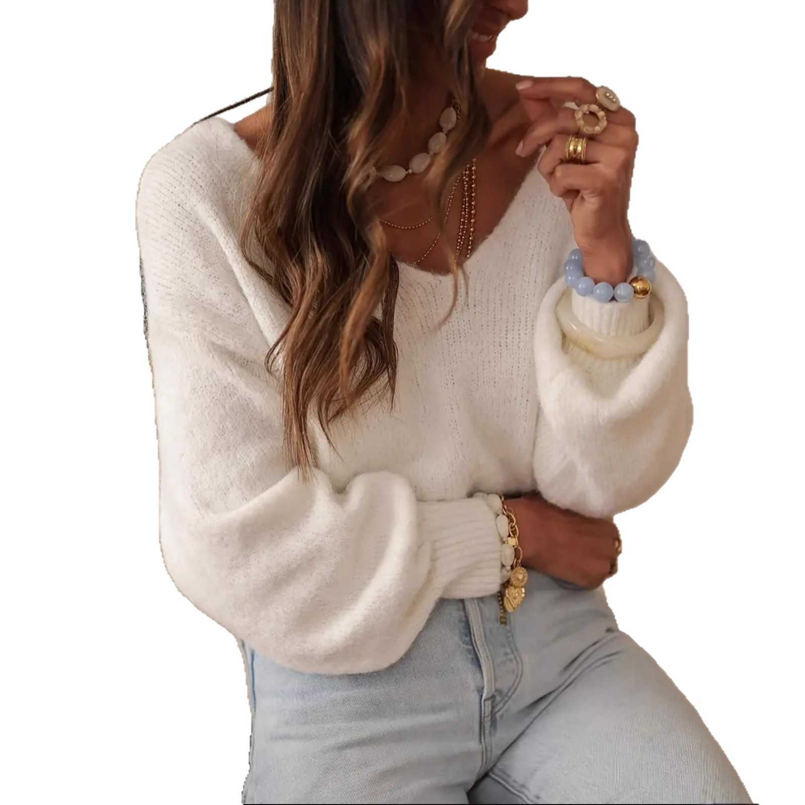 Women's V-Neck Pullover Sweater Fall New Arrival Oversized Fit Butterfly Bow Design Knit Top