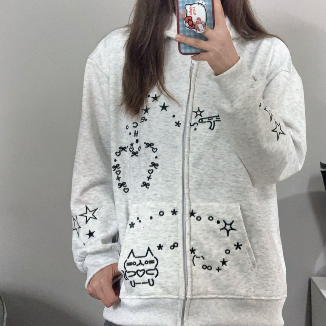 Womens Sweatshirt Cat White Gray Cardigan Hooded Autumn Winter Fleece Loose Lazy Style Zipper Jacket Trendy Long Sleeve 241008
